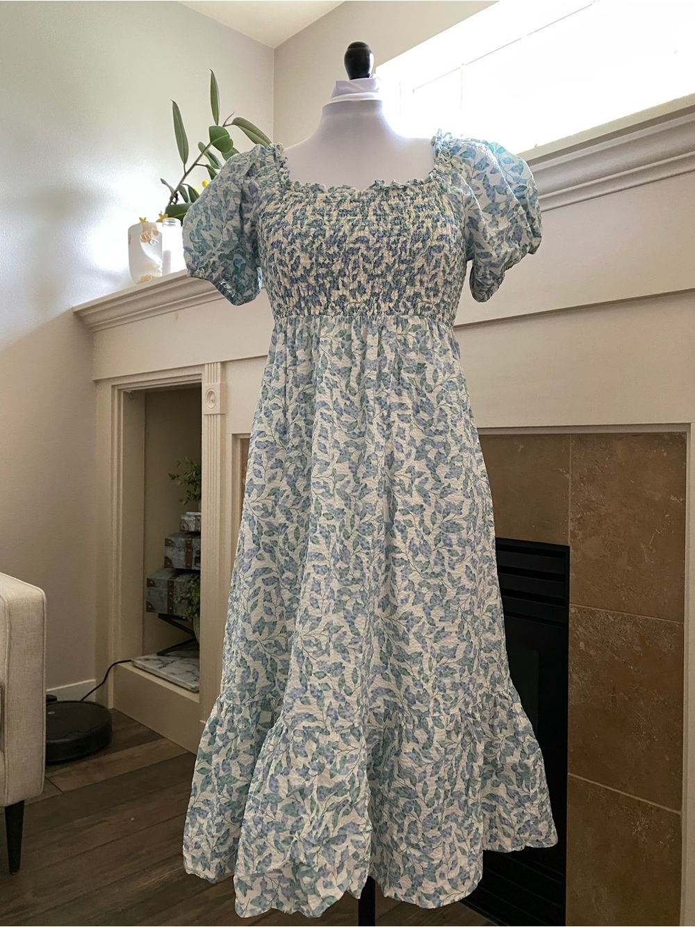 Roolee Blue and White Floral Smocked Puff-Sleeve Midi Dress